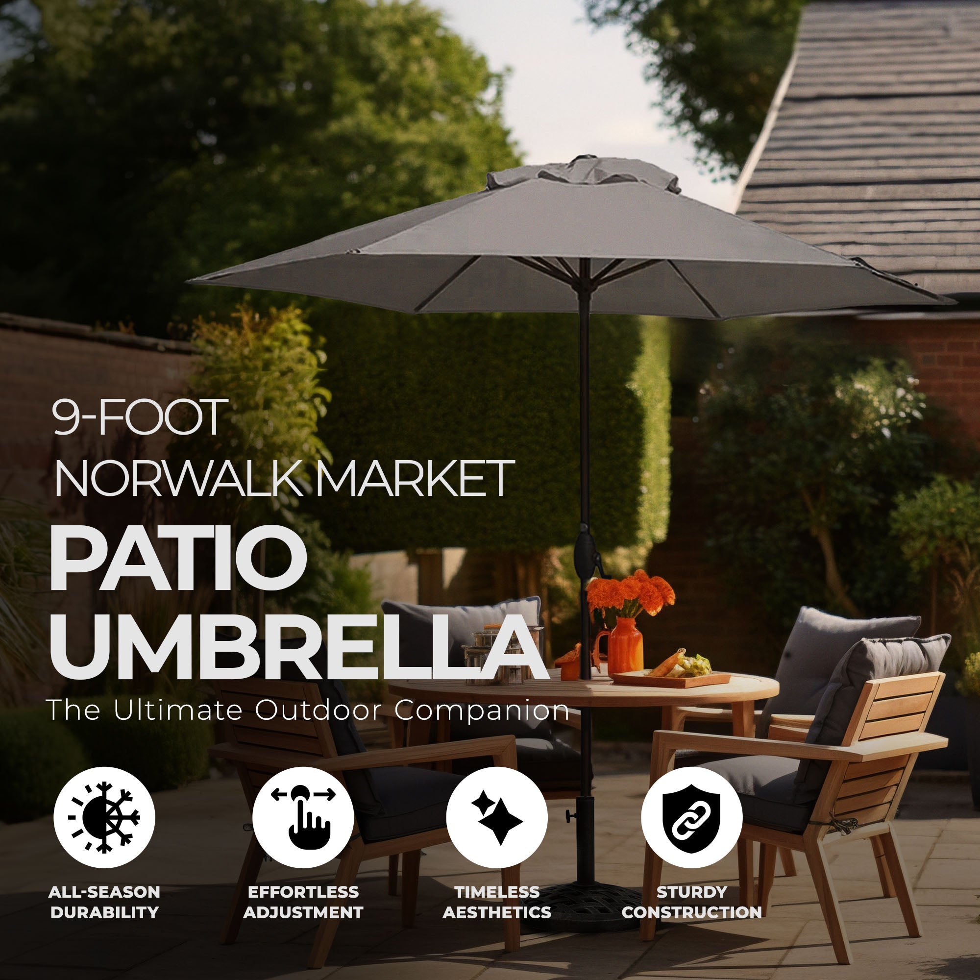 Four Seasons Courtyard 9 Foot Norwalk Market Umbrella with Push Button Tilt - VMInnovations