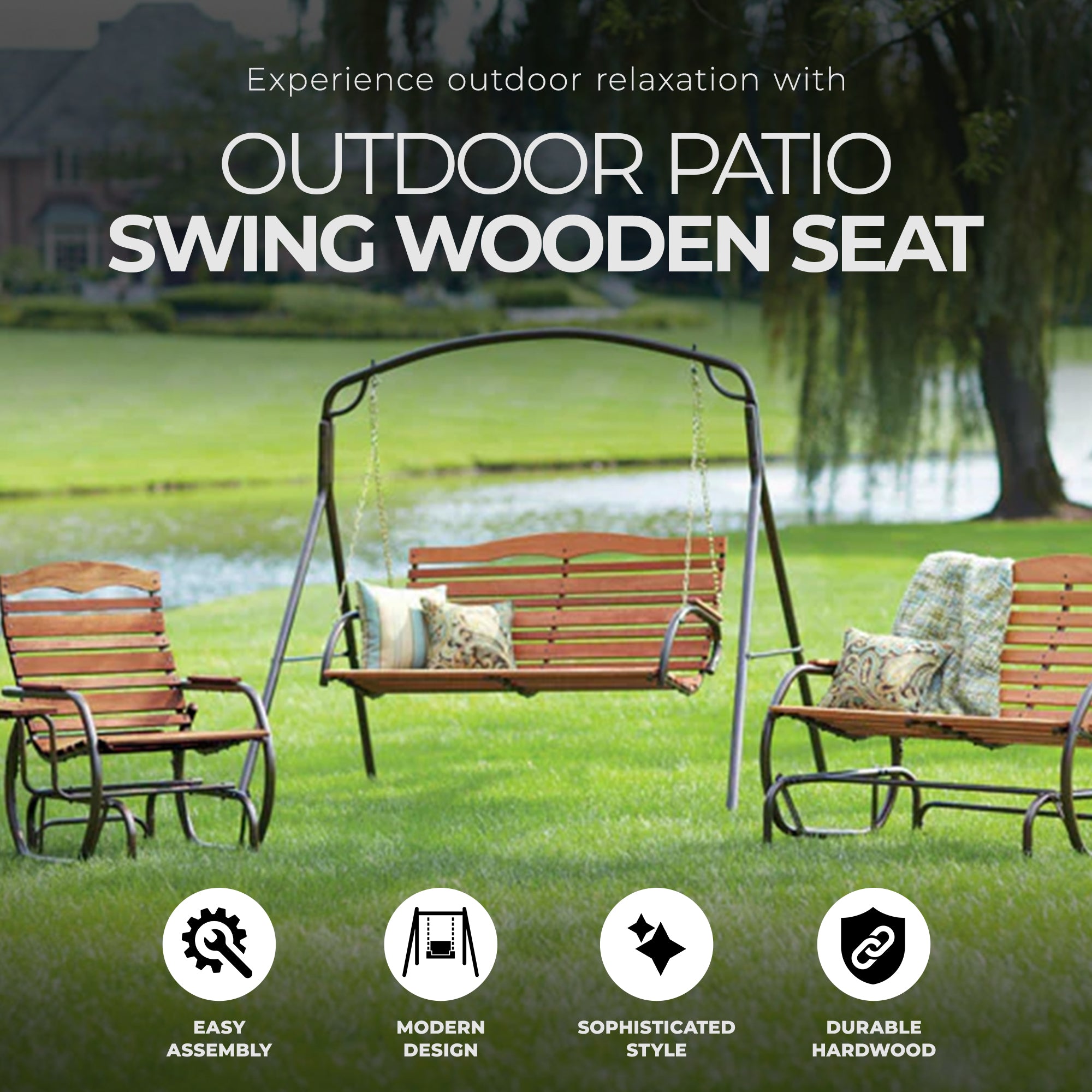 Jack Post Country Garden Patio Swing Wooden Seat with Chains, Bronze (Open Box) - VMInnovations