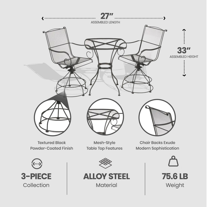 Woodard Uptown 3 Piece Bistro and Balcony Set with Powder Coated Finish, Black