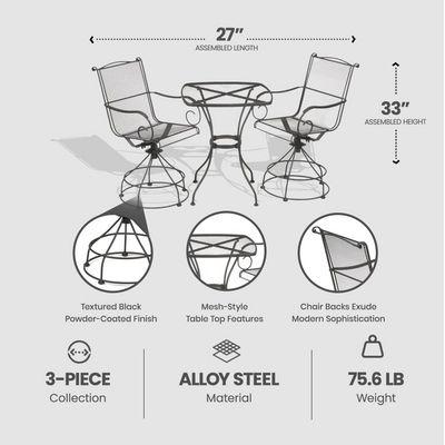 Woodard Uptown 3pc Bistro & Balcony Set w/Powder Coated Finish, Black(For Parts)