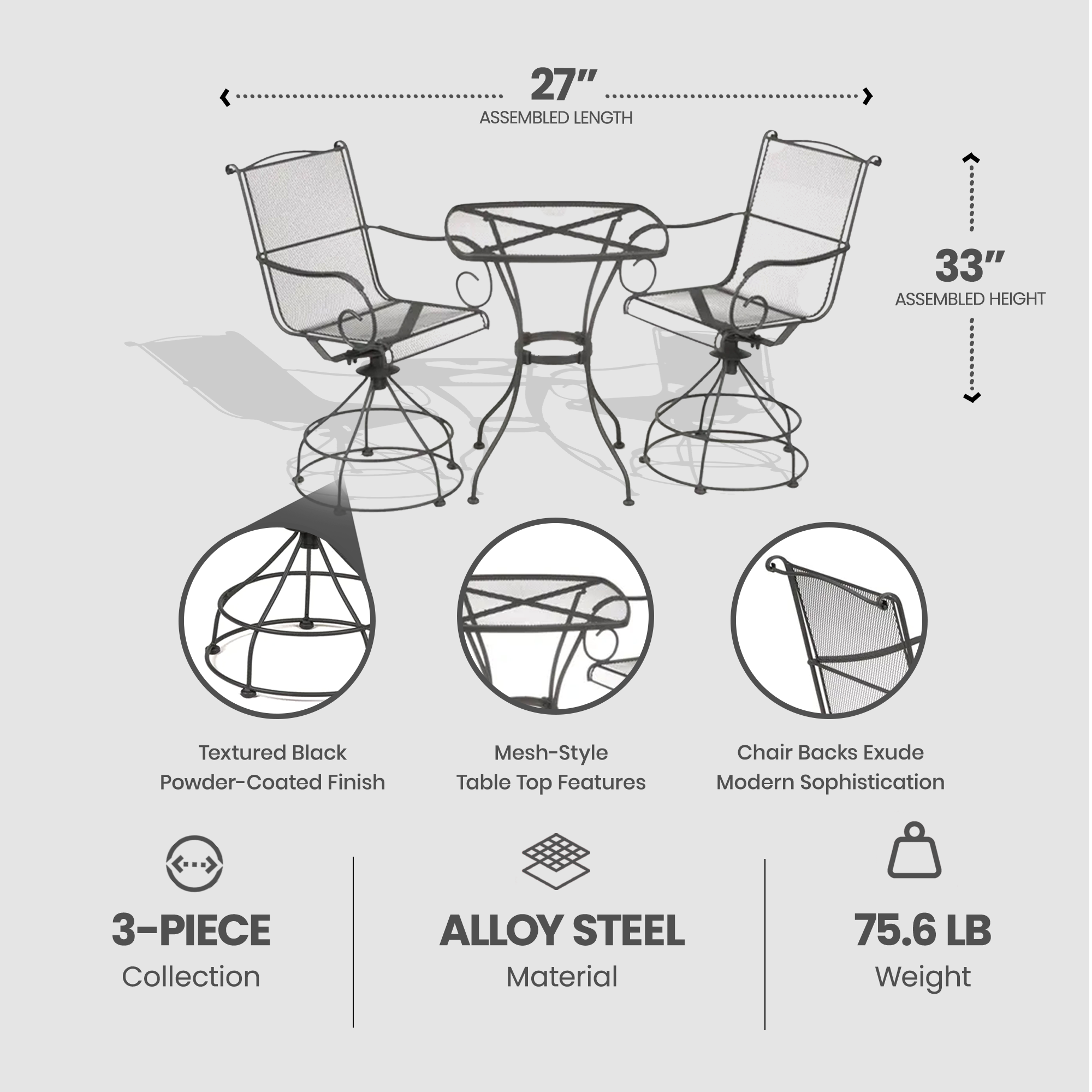 Woodard Uptown 3pc Bistro & Balcony Set w/Powder Coated Finish, Black(For Parts) - VMInnovations