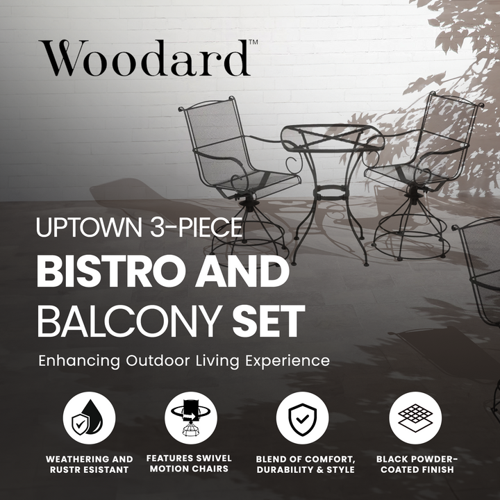 Woodard Uptown 3 Piece Bistro and Balcony Set with Powder Coated Finish, Black