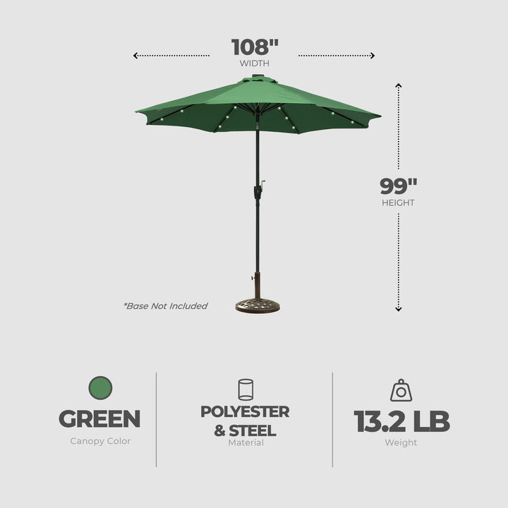 Four Seasons Courtyard 9’ Polyester LED Steel Pole Patio Market Umbrella, Green