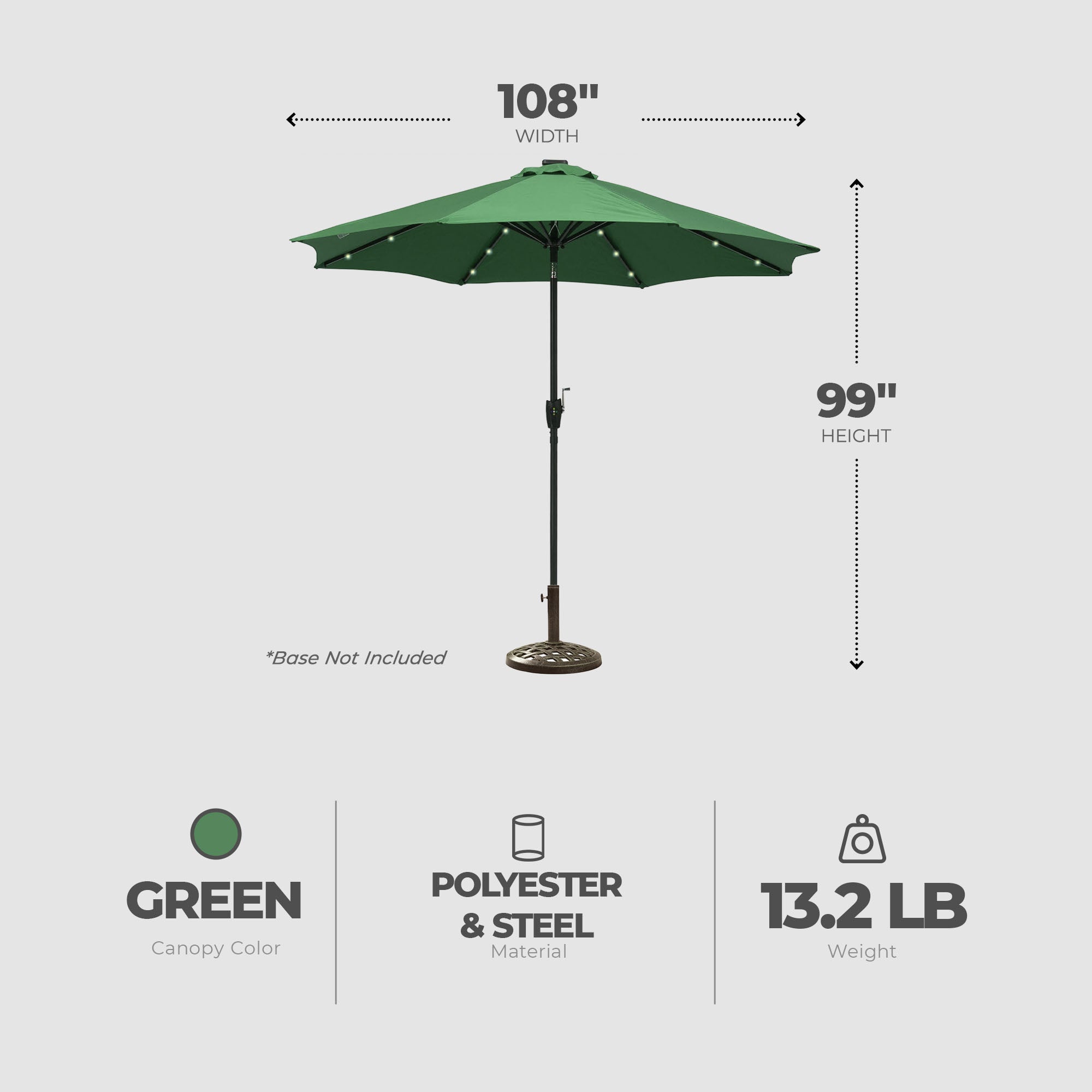 Four Seasons Courtyard 9’ LED Steel Pole Patio Market Umbrella, Green (Open Box)