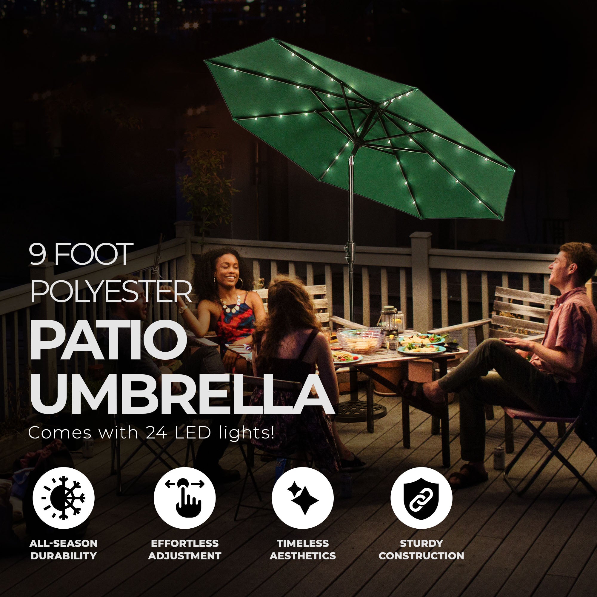 Four Seasons Courtyard 9’ LED Steel Pole Patio Market Umbrella, Green (Open Box)