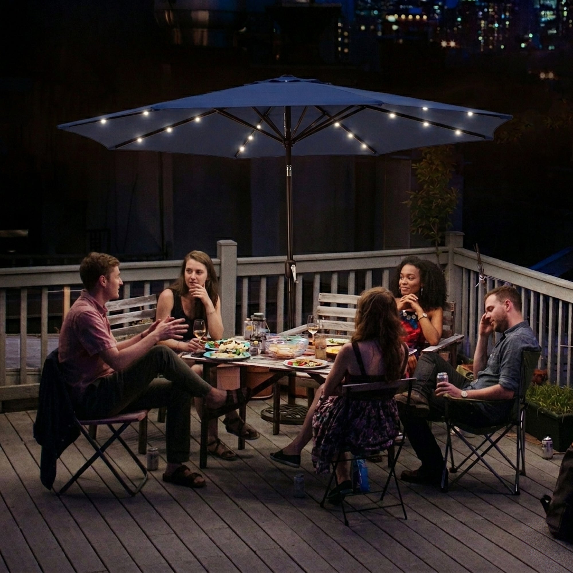 Four Seasons Courtyard 9’ Polyester Patio Market LED Umbrella w/Steel Pole, Navy - VMInnovations
