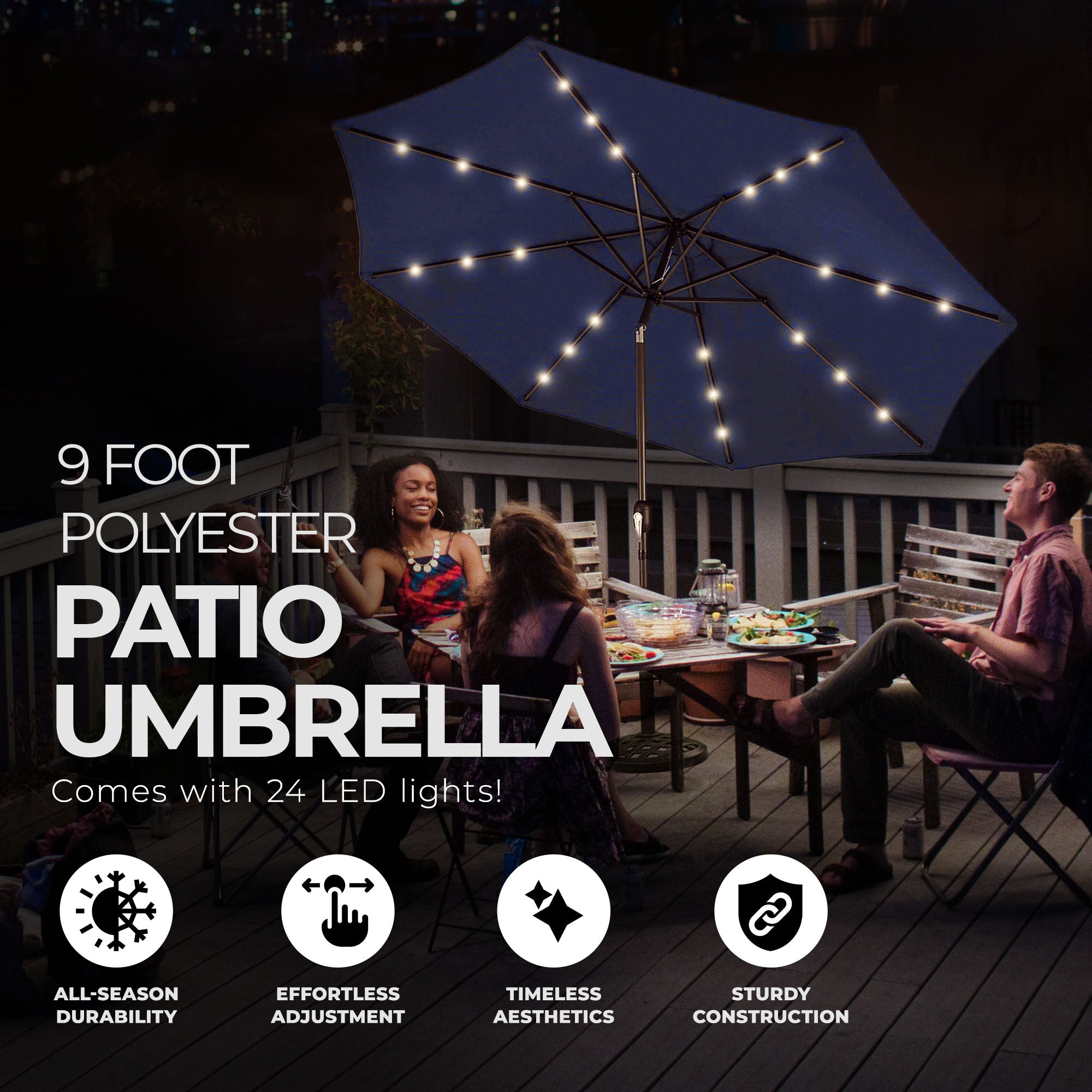 Four Seasons Courtyard 9’ Polyester Patio Market LED Umbrella w/Steel Pole, Navy - VMInnovations