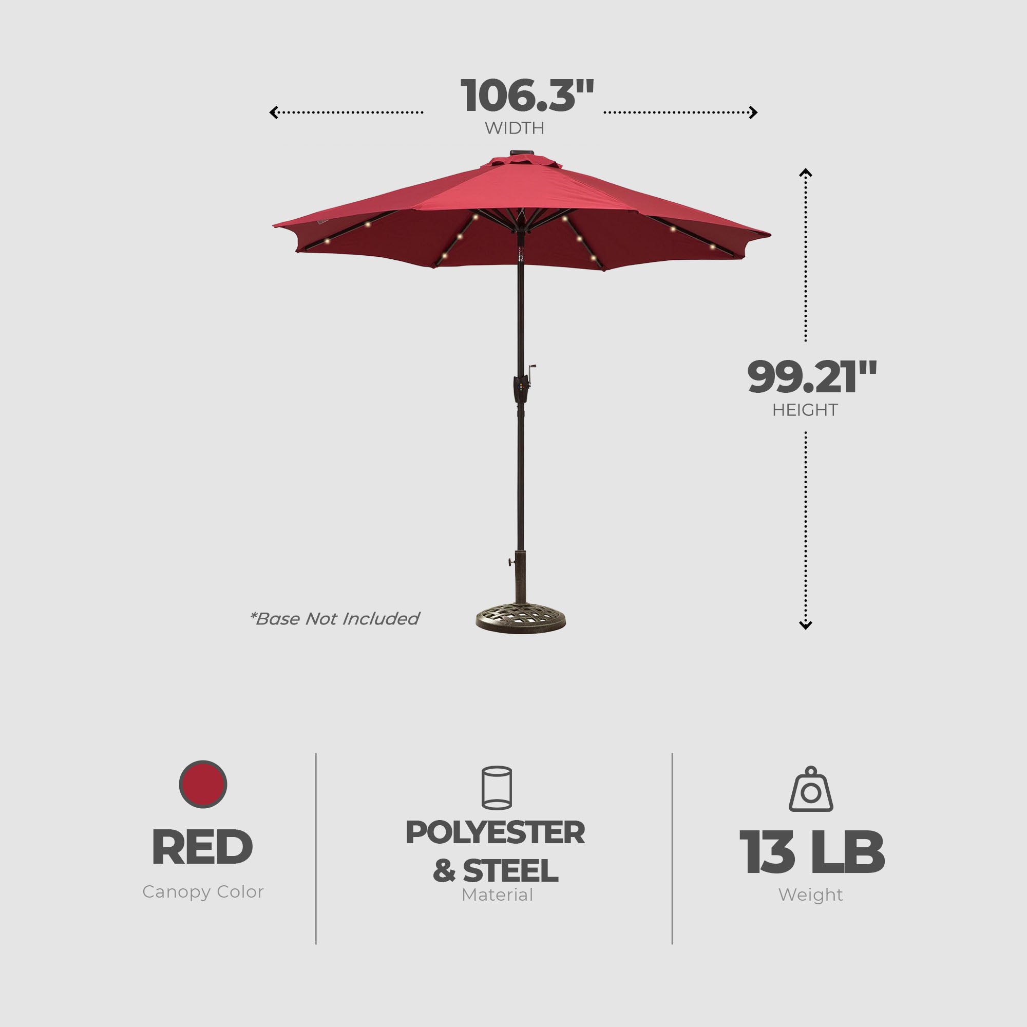 Four Seasons Courtyard 9’ Polyester Patio Market LED Umbrella w/ Steel Pole, Red - VMInnovations