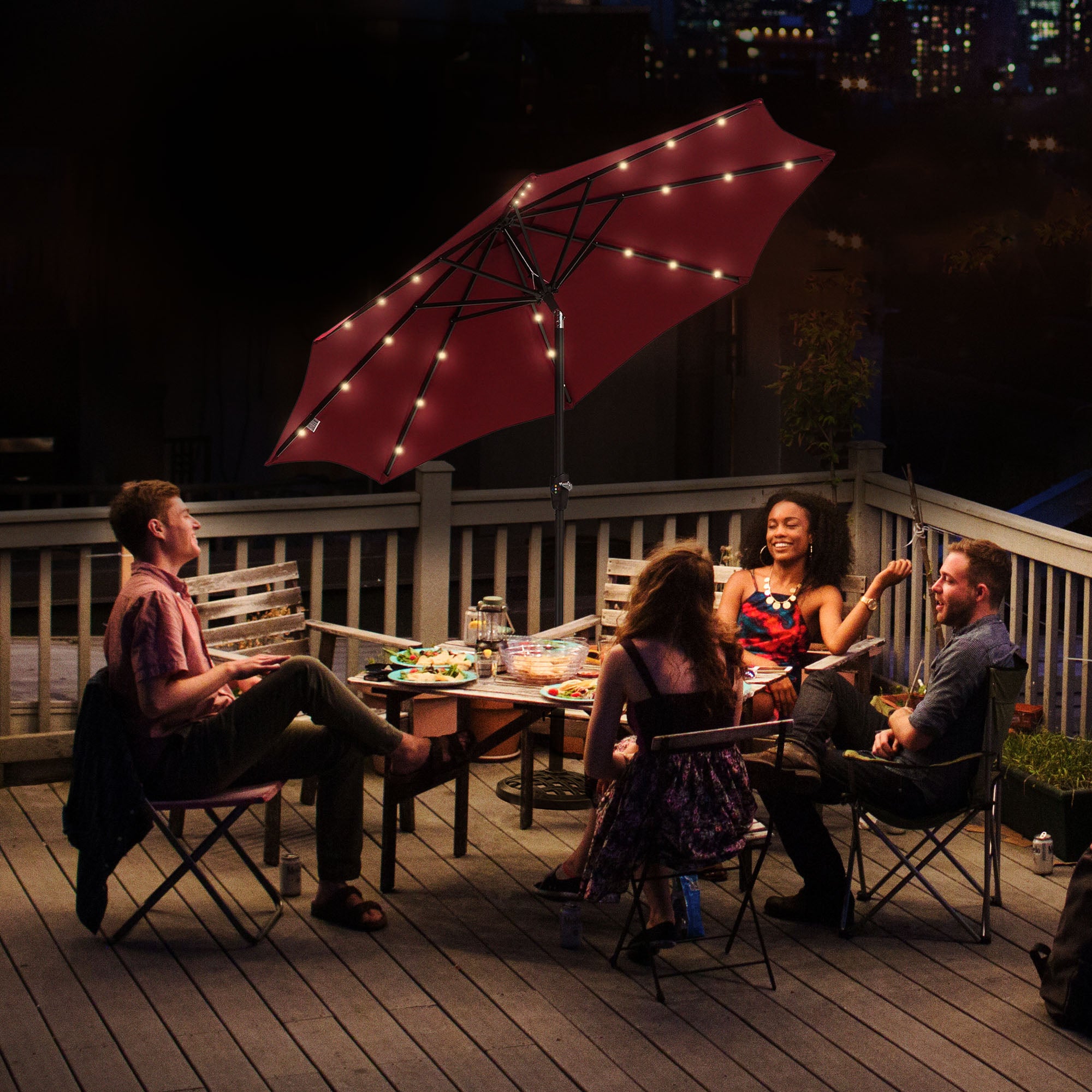Four Seasons Courtyard 9’ Polyester Patio Market LED Umbrella w/ Steel Pole, Red - VMInnovations