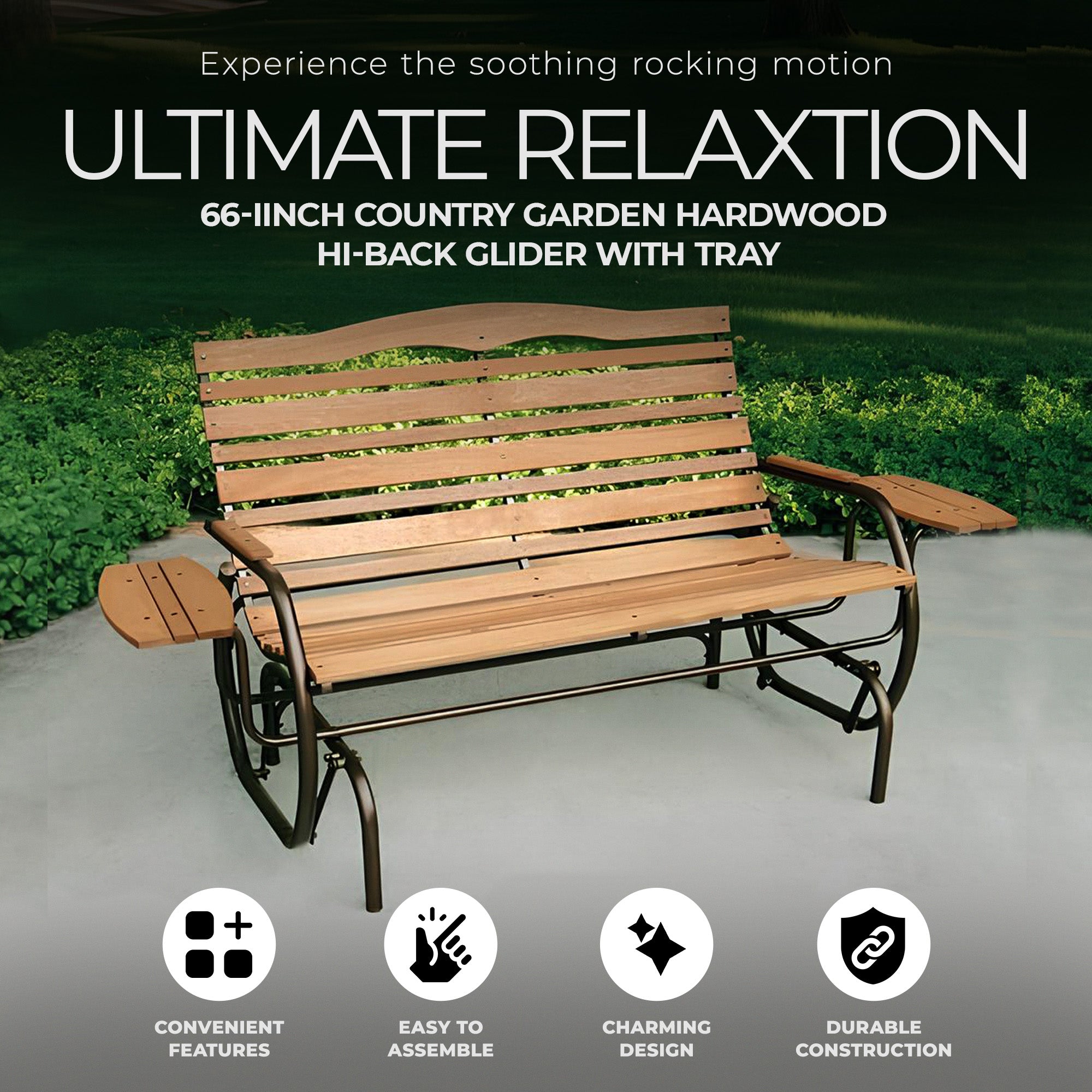 Jack Post 66 Inch Country Garden Hardwood Hi-Back Glider With Trays, Warm Brown - VMInnovations