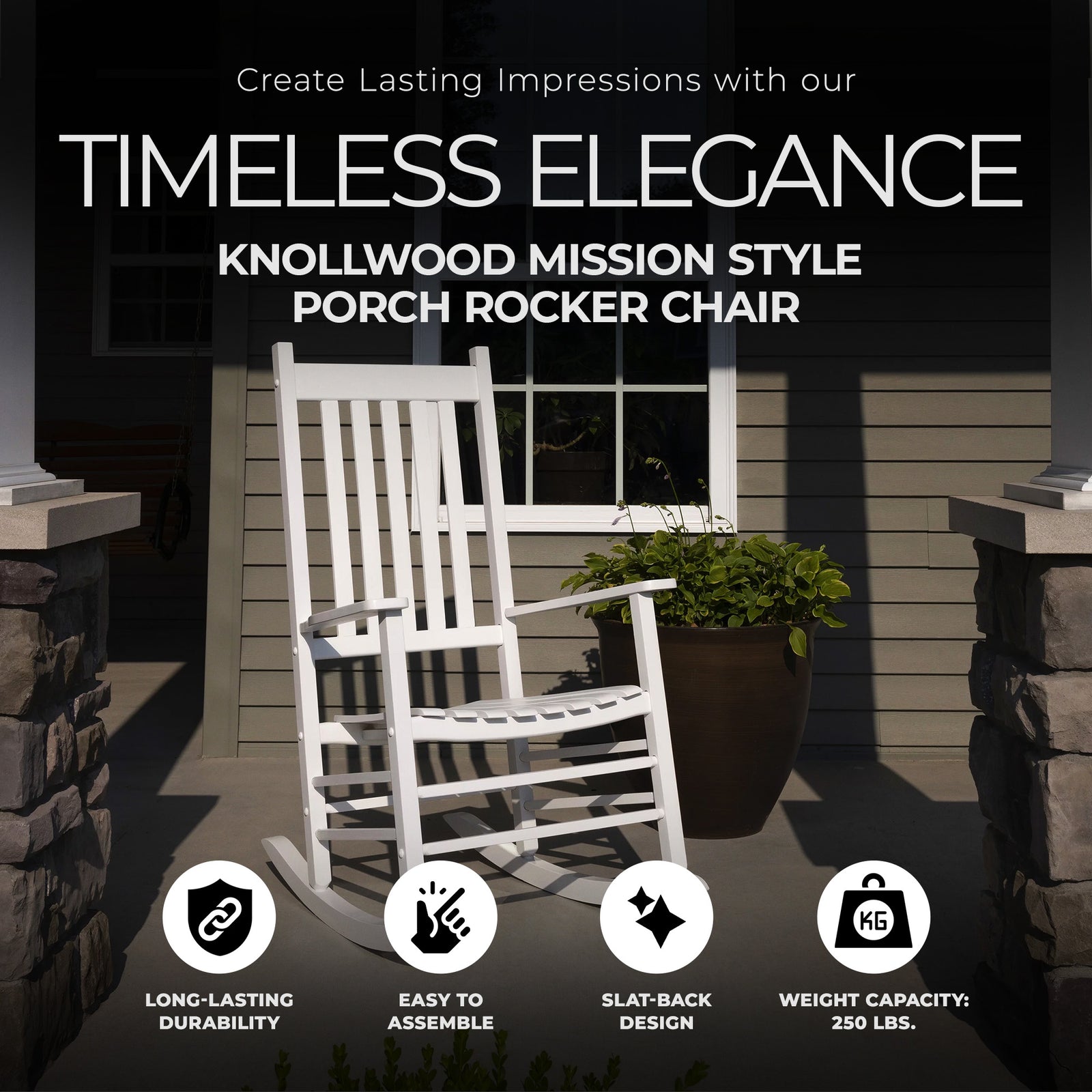 Knollwood Mission Style Kiln-dried Hardwood Porch Rocking Chair, White(Open Box) - VMInnovations