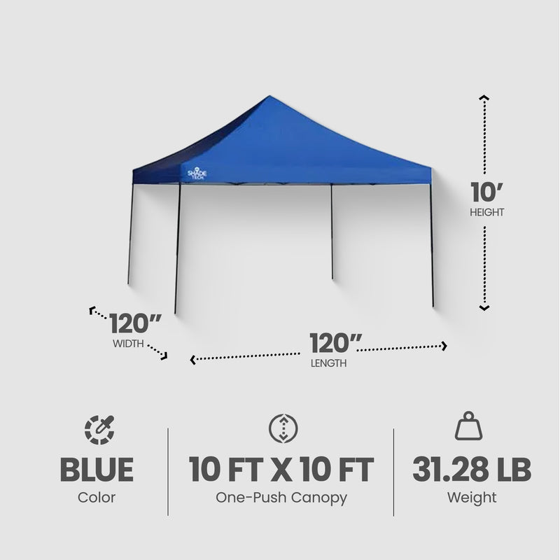 Quik Shade 10 by 10 Foot Shade Tech Single Push Instant Central Hub Canopy, Blue