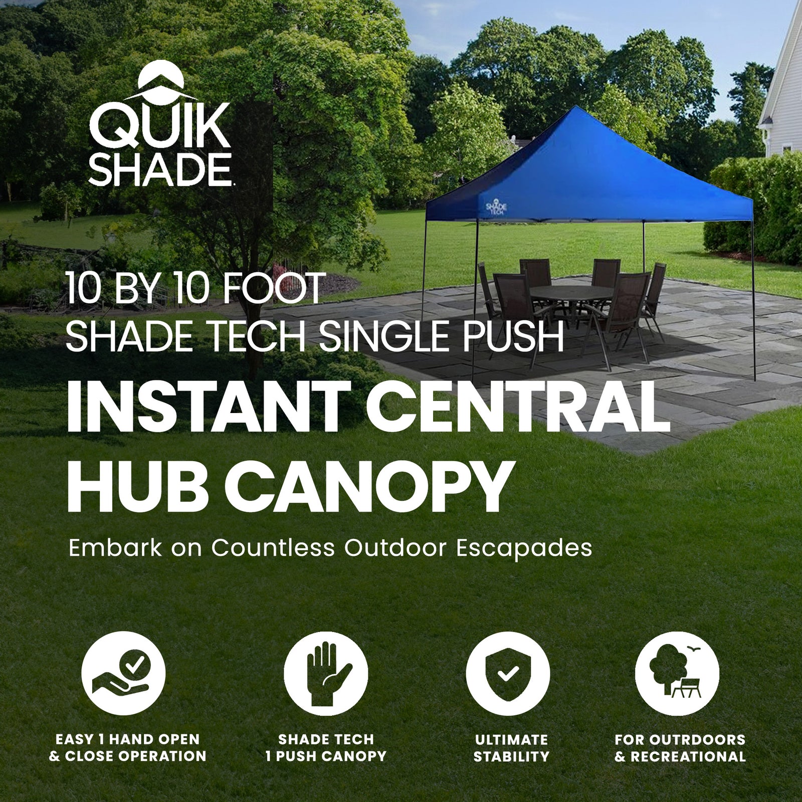 Quik Shade 10x10 ft Shade Tech Push Instant Central Hub Canopy, Blue (Used) - VMInnovations