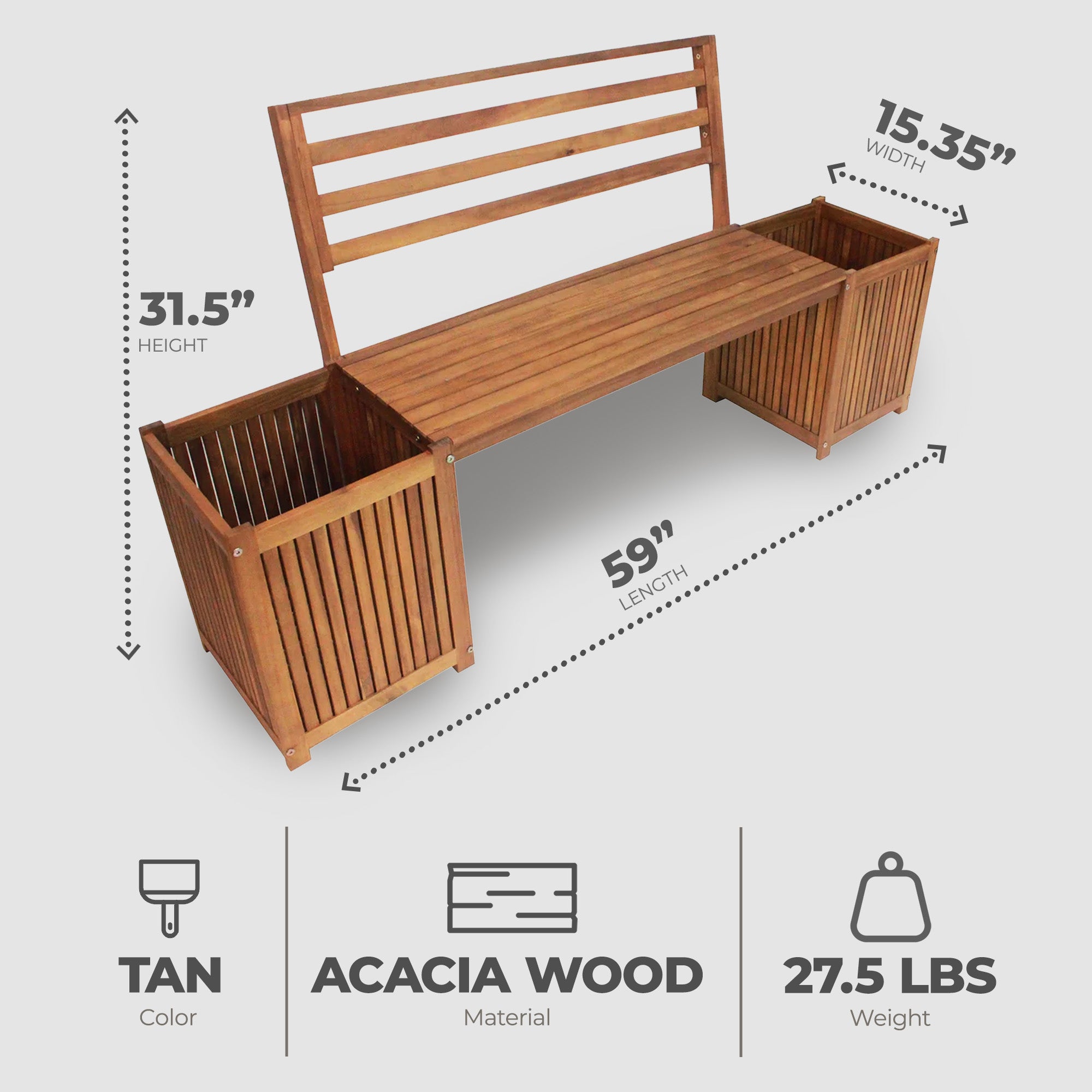 Leigh Country Multifunctional Hardwood Bench w/Planter Boxes, Tan (Open Box) - VMInnovations