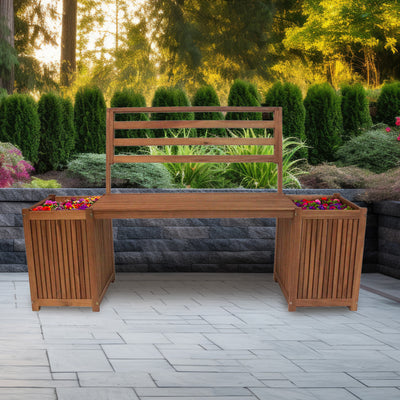Leigh Country Multifunctional Hardwood Bench w/Planter Boxes, Tan (Open Box) - VMInnovations