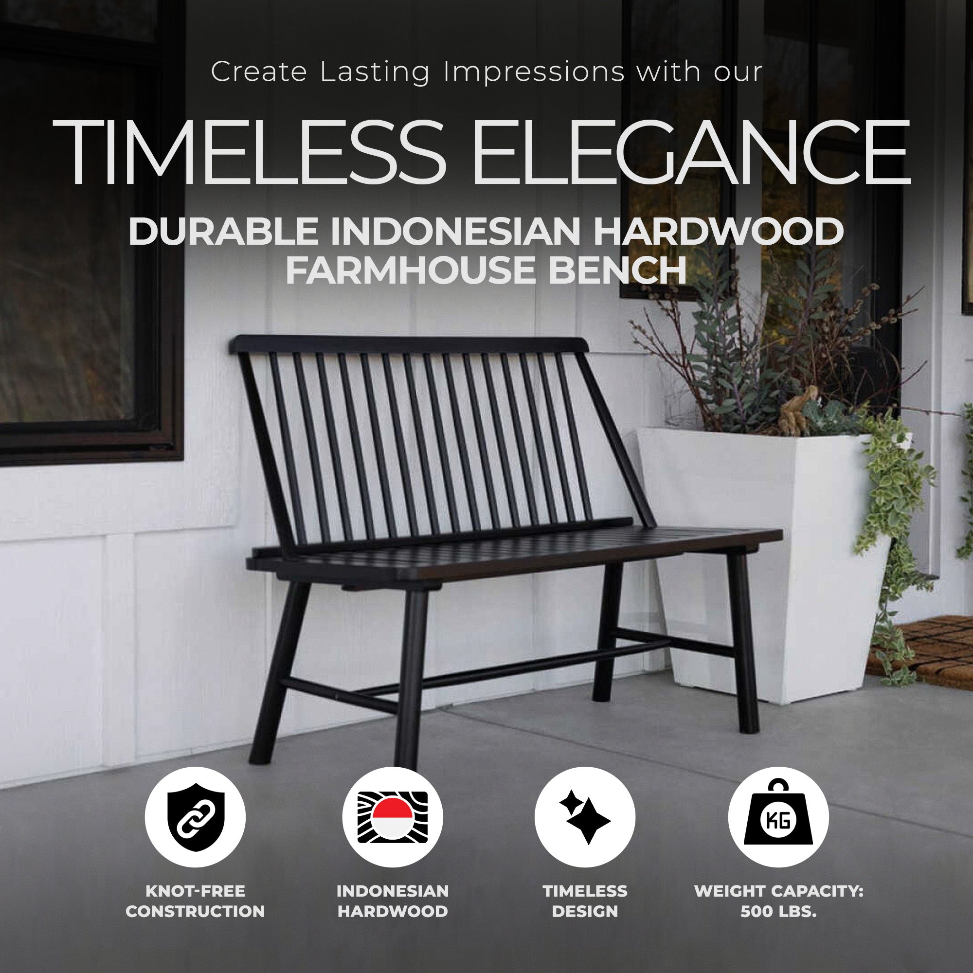 Jack Post 4 Feet Durable Hardwood Farmhouse Bench for Patio, Black (Open Box) - VMInnovations