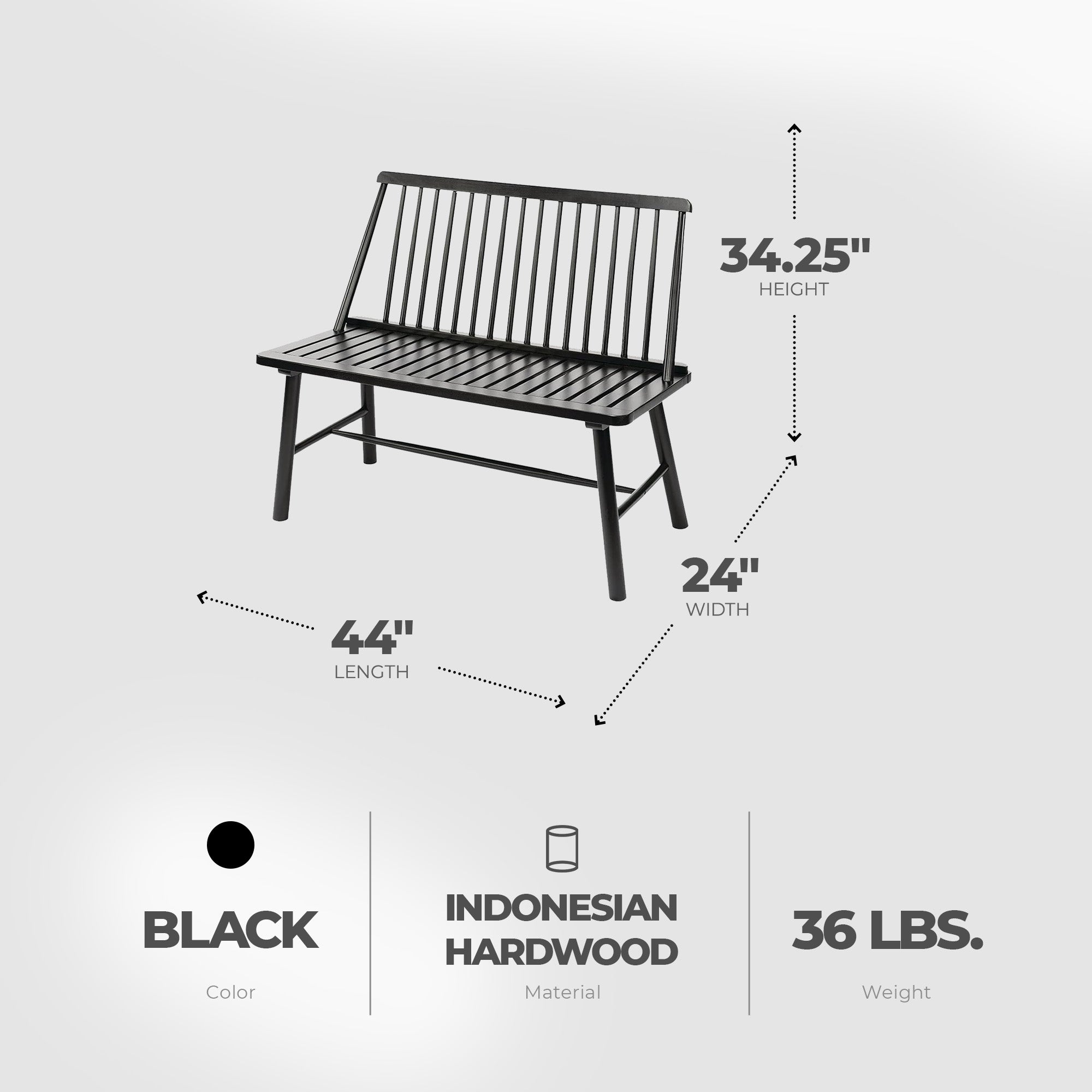 Jack Post 4ft Durable Indonesian Hardwood Farmhouse Bench for Patio, Black(Used) - VMInnovations