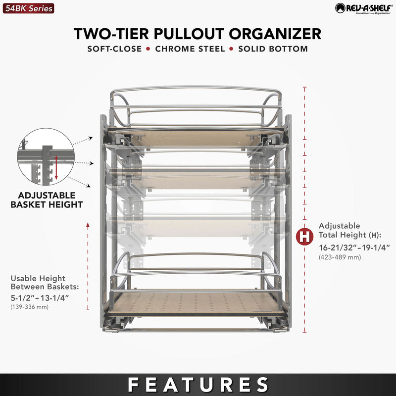 Rev-A-Shelf 2 Tier Solid Bottom Pull Out Base Cabinet Organizer, 54BK-15SC-2-1