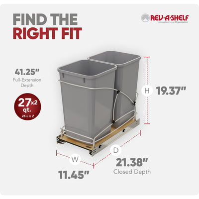 Rev-A-Shelf Double 27 qt. Pullout Trash Containers, Gray, 54WC-1527SC-17-1 - VMInnovations