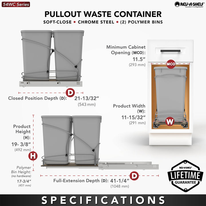 Rev-A-Shelf Double 27 qt. Pullout Trash Containers, Gray, 54WC-1527SC-17-1
