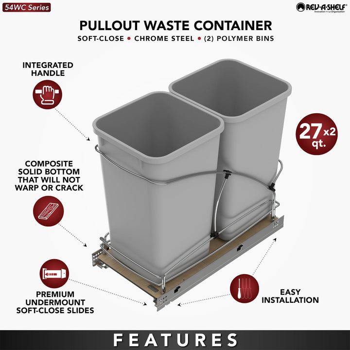 Rev-A-Shelf Double 27 qt. Pullout Trash Containers, Gray, 54WC-1527SC-17-1
