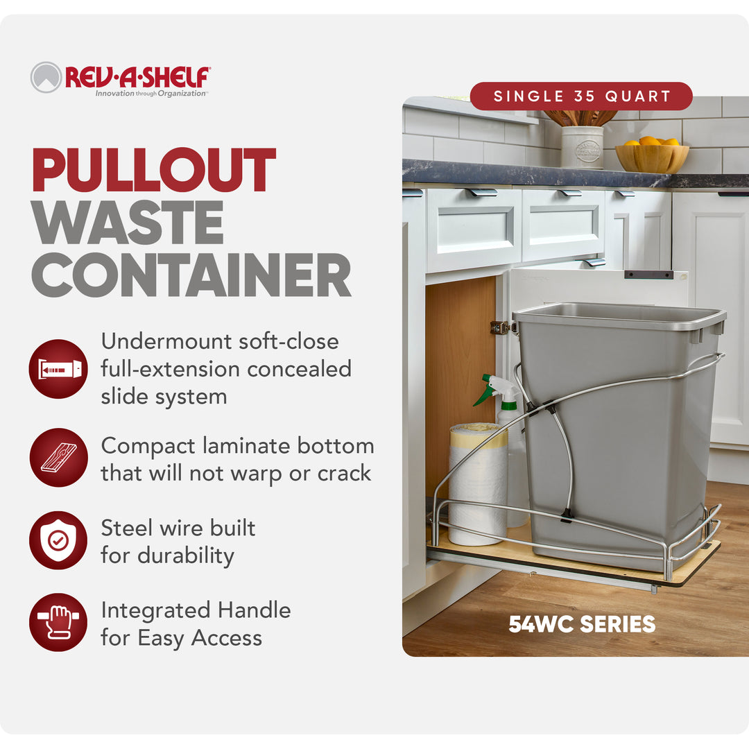 Rev-A-Shelf Single 35 qt. Pullout Trash Container, Gray, 54WC-1535SC-17-1 - VMInnovations