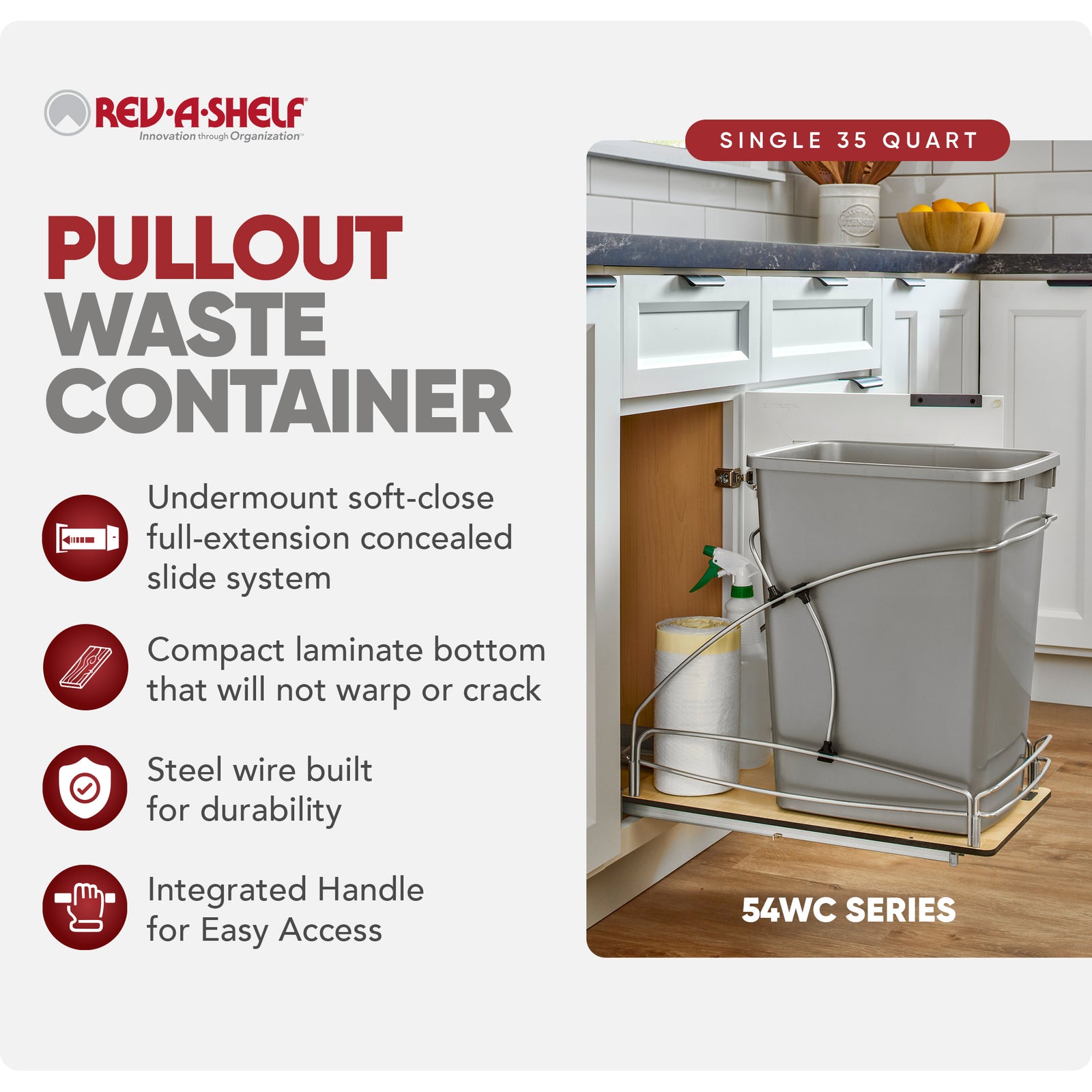 Rev-A-Shelf Single 35 qt. Pullout Trash Container, Gray, 54WC-1535SC-17-1 - VMInnovations