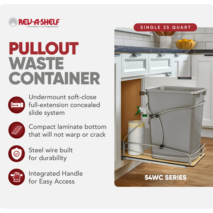 Rev-A-Shelf Single 35 qt. Pullout Trash Container, Gray, 54WC-1535SC-17-1 - VMInnovations