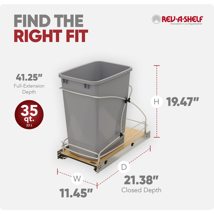 Rev-A-Shelf Single 35 qt. Pullout Trash Container, Gray, 54WC-1535SC-17-1 - VMInnovations