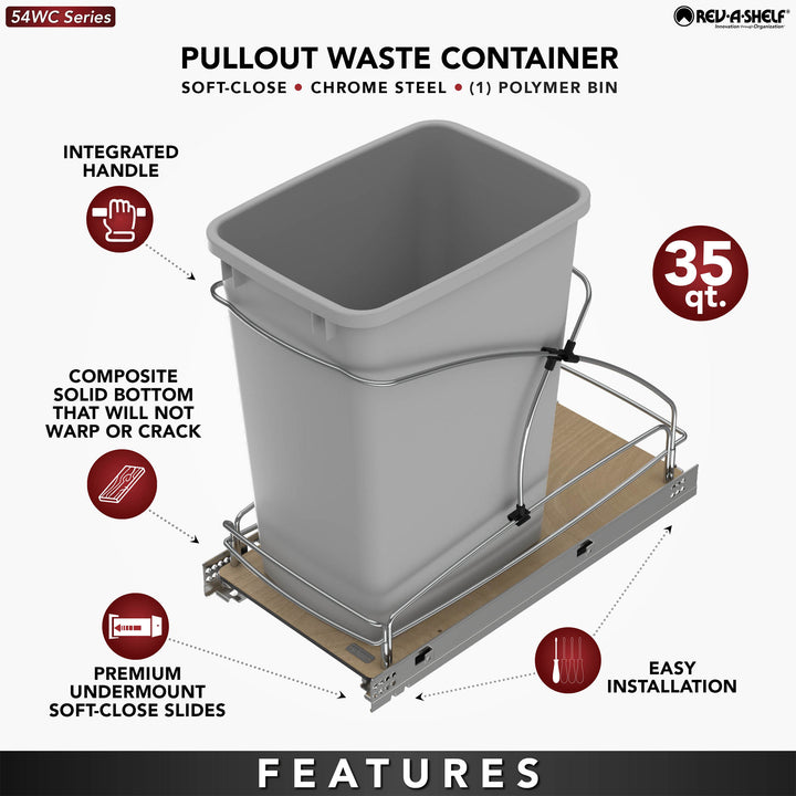 Rev-A-Shelf Single 35 qt. Pullout Trash Container, Gray, 54WC-1535SC-17-1