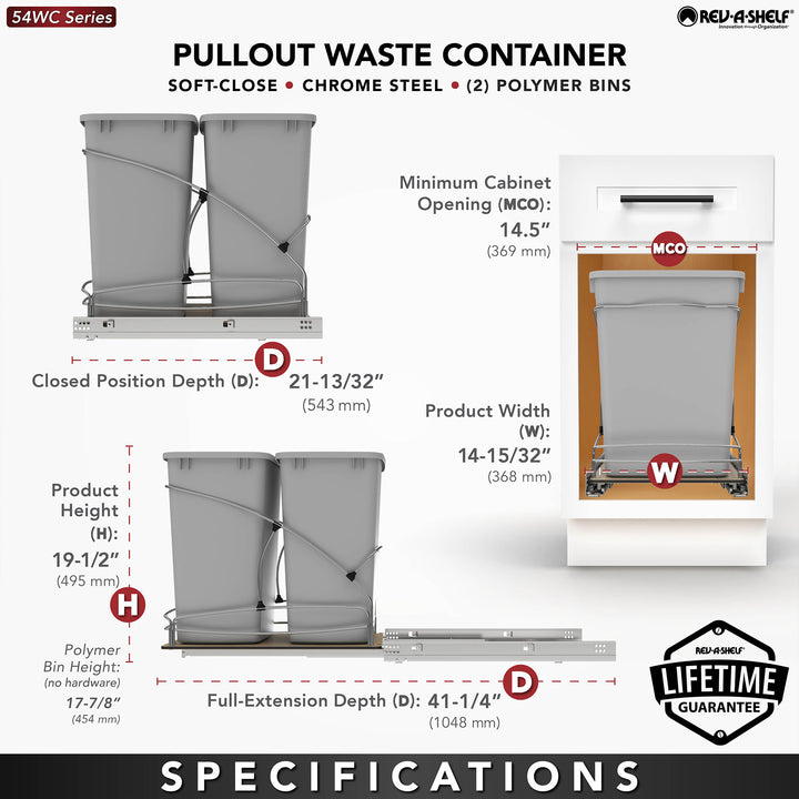 Rev-A-Shelf Double 35 qt. Pullout Trash Containers, Gray, 54WC-1835SC-17-1