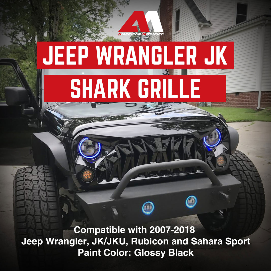 AMERICAN MODIFIED Front Shark Grille Compatible with 2007-2018 Wrangler JK/JKU