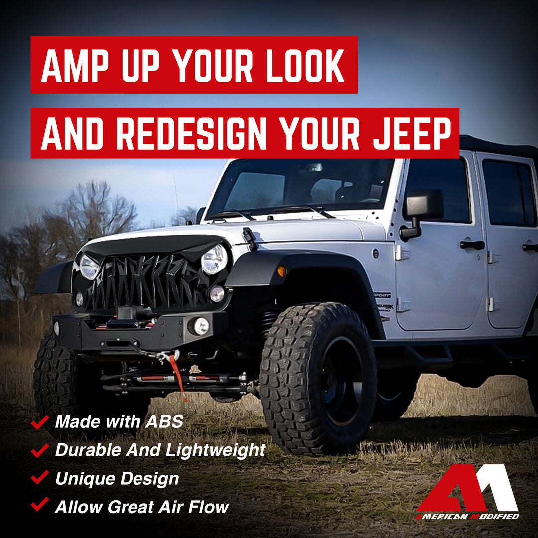 AMERICAN MODIFIED Front Shark Grille Compatible with 2007-2018 Wrangler JK/JKU