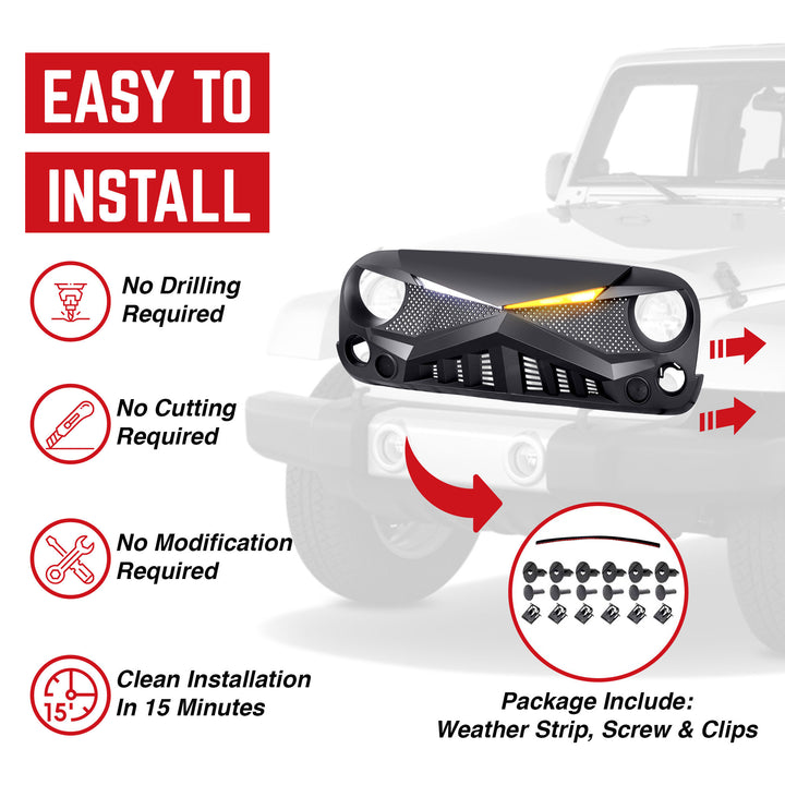 AMERICAN MODIFIED Hawke Grille for 2007-2018 Jeep Wrangler JK, Black (Open Box)