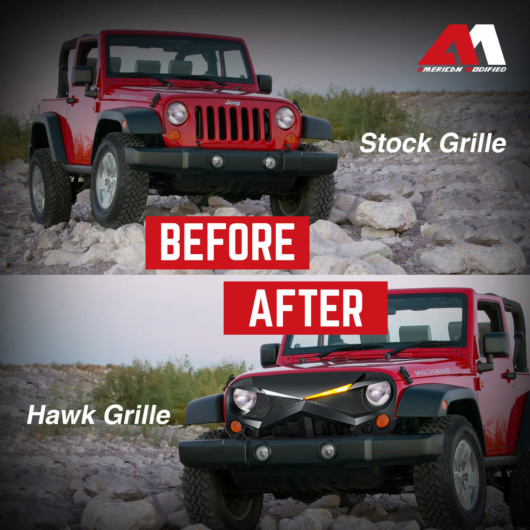 AMERICAN MODIFIED Hawke Grille Compatible with 2007-2018 Jeep Wrangler JK, Black