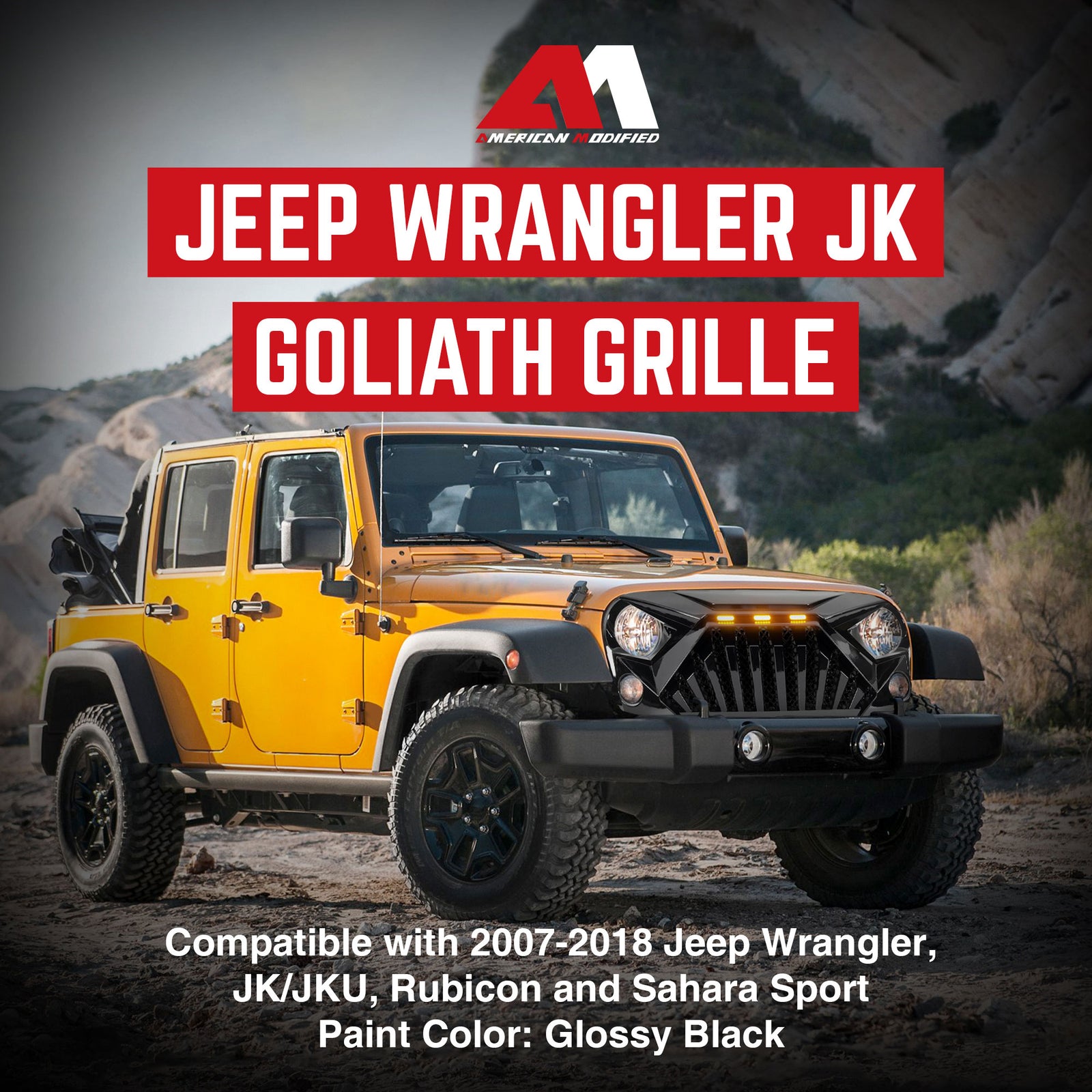 American Modified Goliath Grille Compatible with 07-18 Wrangler JK with Lights - VMInnovations