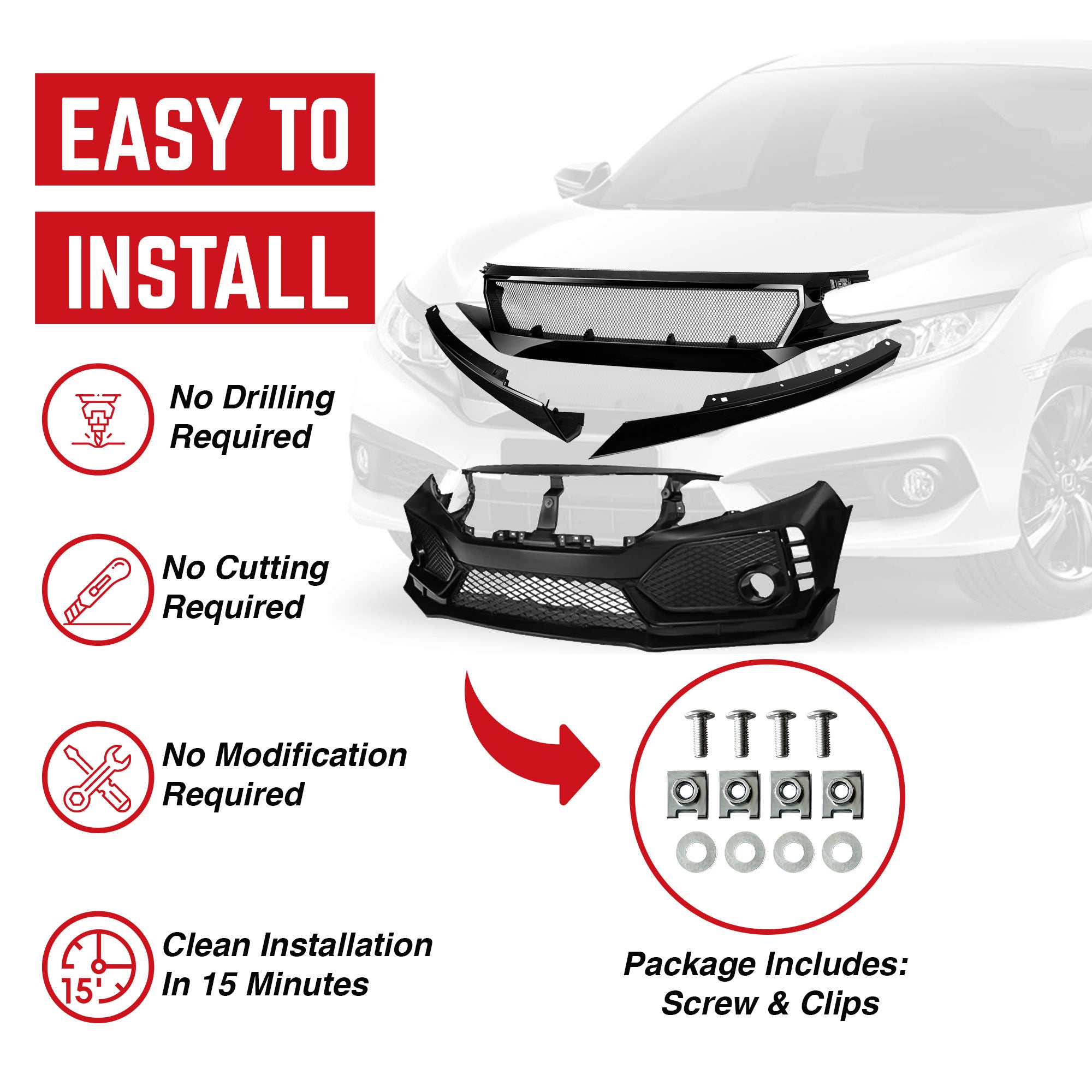 AMERICAN MODIFIED R Style Conversion Front Bumper Sport for 16-19 Honda Civic - VMInnovations