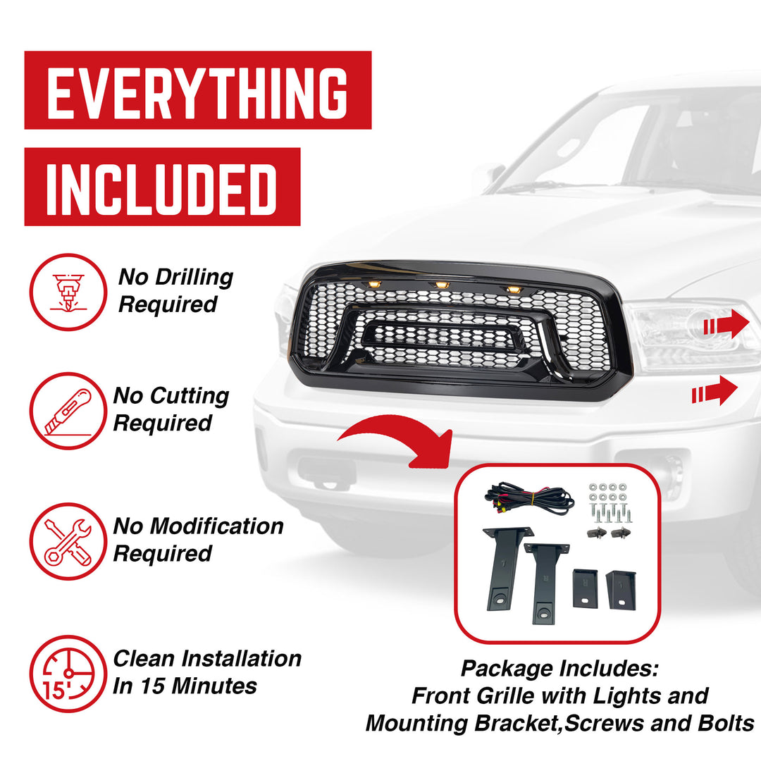 AMERICAN MODIFIED Armor Grille w/Amber Lights for 13-18 Dodge Ram 1500(Open Box)