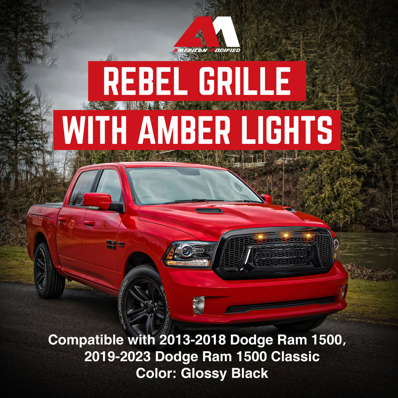 AMERICAN MODIFIED Front Armor Grille w/Amber Lights for 2013-2018 Dodge Ram 1500