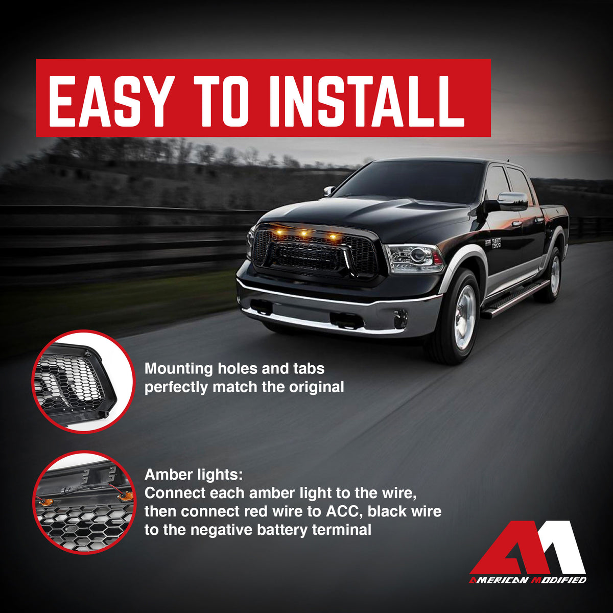 AMERICAN MODIFIED Armor Grille w/Amber Lights for 13-18 Dodge Ram 1500(Open Box) - VMInnovations