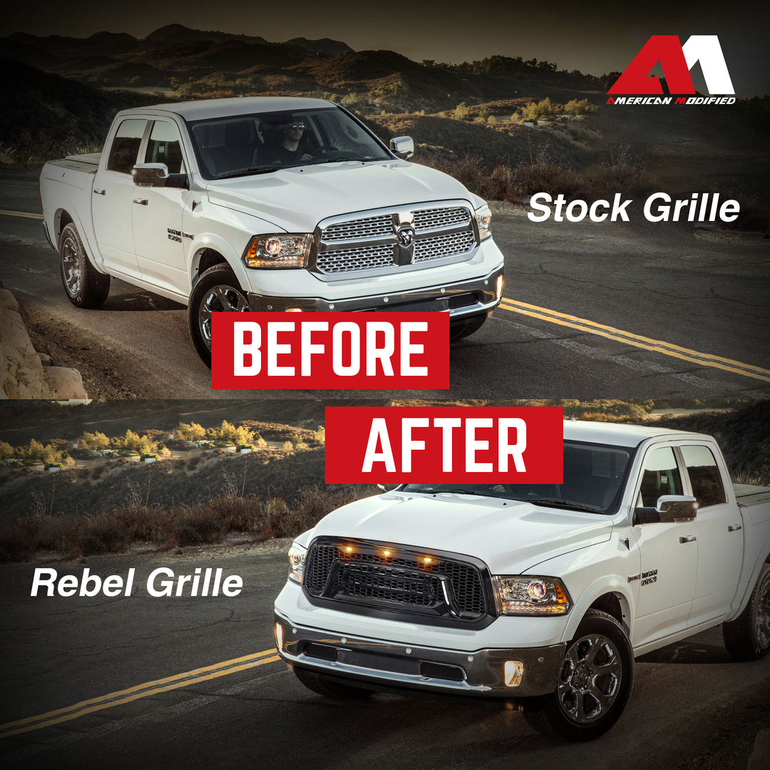 AMERICAN MODIFIED Armor Grille w/Amber Lights for 13-18 Dodge Ram 1500(Open Box)