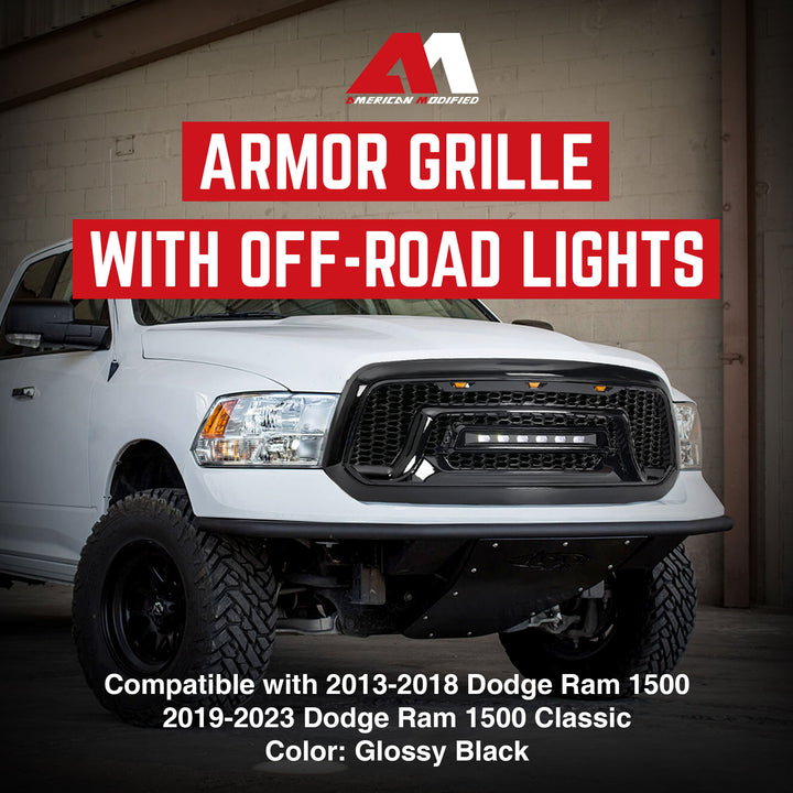 AMERICAN MODIFIED Front Armor Grille w/ Off Road Lights for 13-18 Dodge Ram 1500