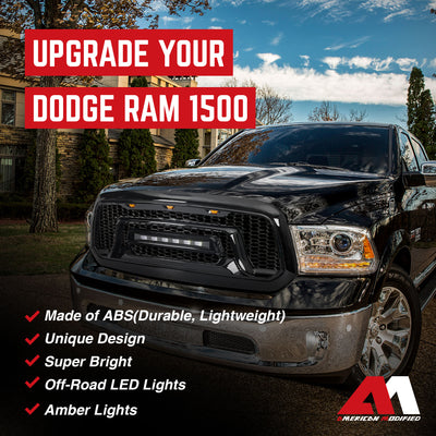 AMERICAN MODIFIED Front Armor Grille w/ Off Road Lights for 13-18 Dodge Ram 1500