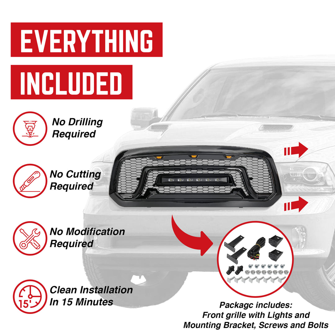 AMERICAN MODIFIED Front Grille w/Road Lights for 13-18 Dodge Ram 1500 (Open Box)