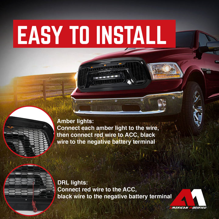 AMERICAN MODIFIED Front Grille w/Road Lights for 13-18 Dodge Ram 1500 (Open Box)