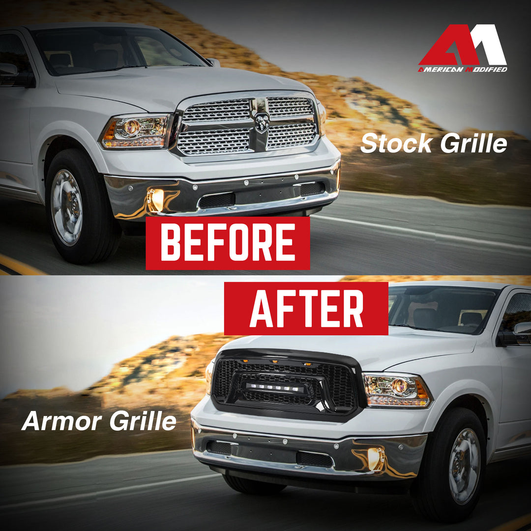 AMERICAN MODIFIED Front Grille w/Road Lights for 13-18 Dodge Ram 1500 (Open Box)