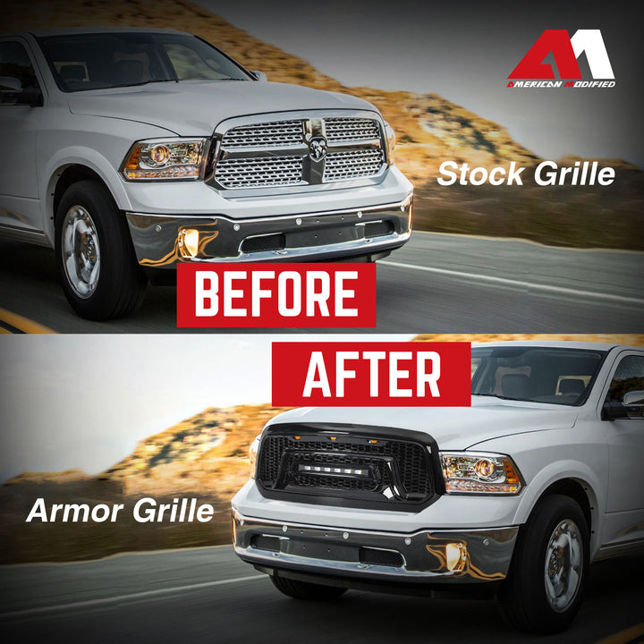 AMERICAN MODIFIED Front Grille w/Road Lights for 13-18 Dodge Ram 1500 (Open Box)