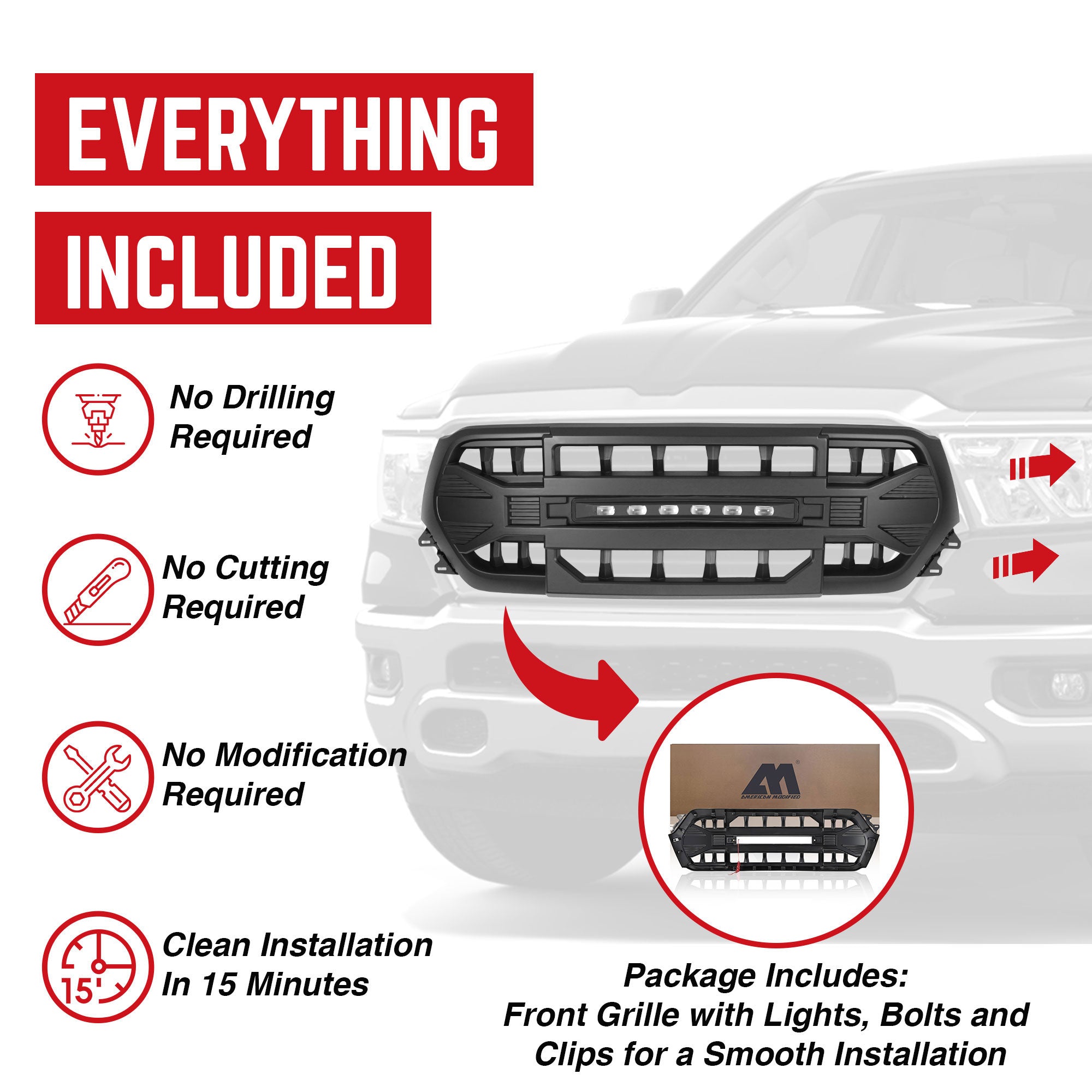 AMERICAN MODIFIED Armor Grille w/Off Road Lights for 19-24 Dodge Ram 1500 (Used) - VMInnovations