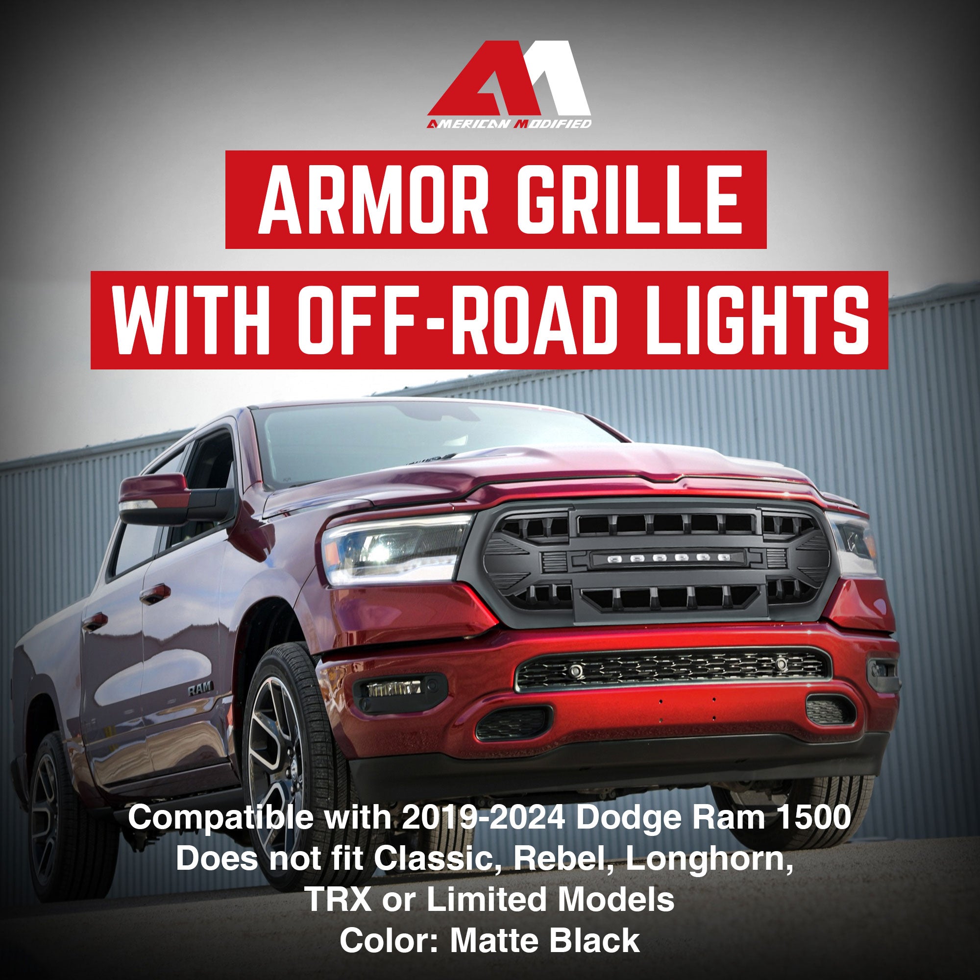AMERICAN MODIFIED Armor Grille w/Off Road Lights for 19-24 Dodge Ram 1500 (Used)