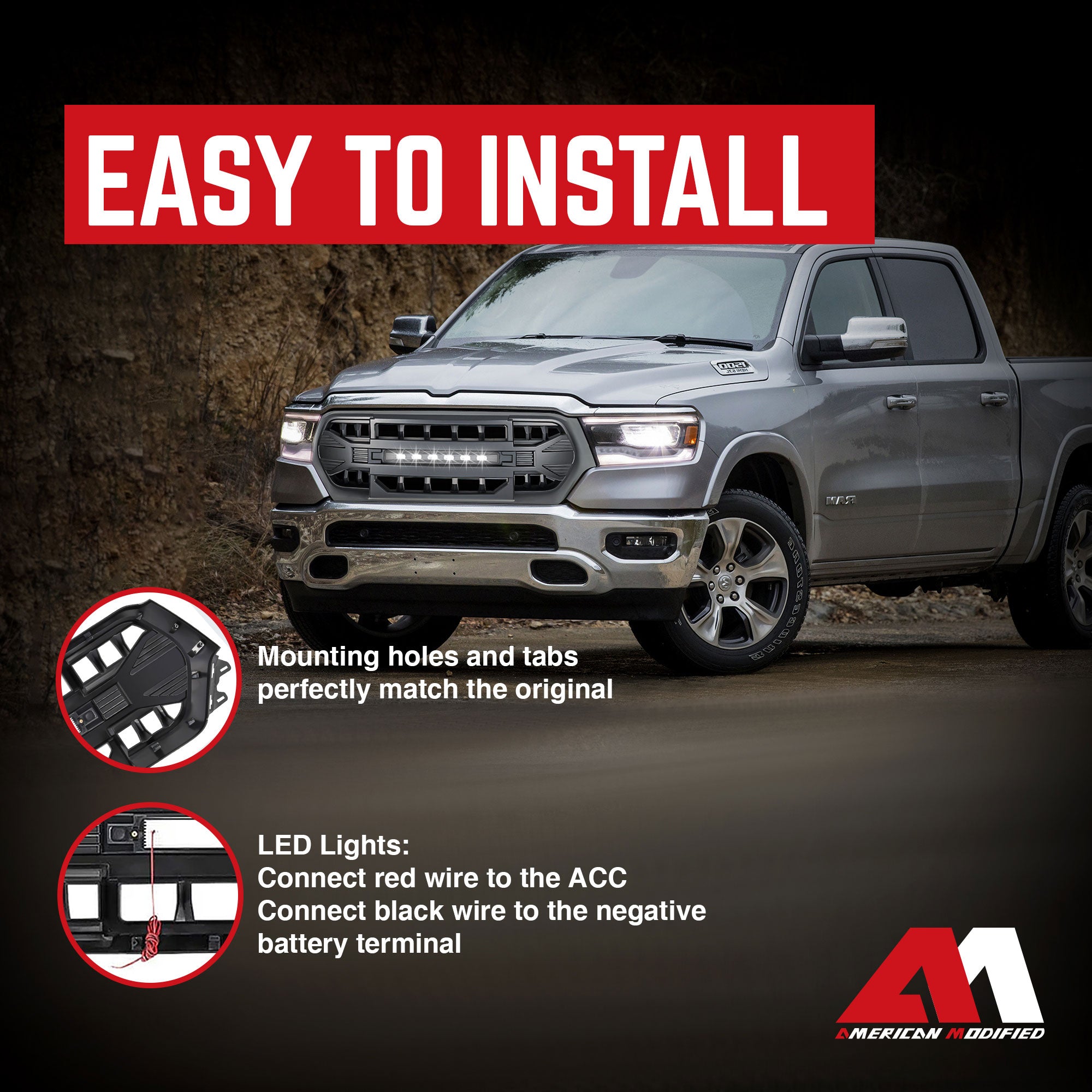 AMERICAN MODIFIED Grille w/Off Road Lights for 19-24 Dodge Ram 1500 (Open Box) - VMInnovations
